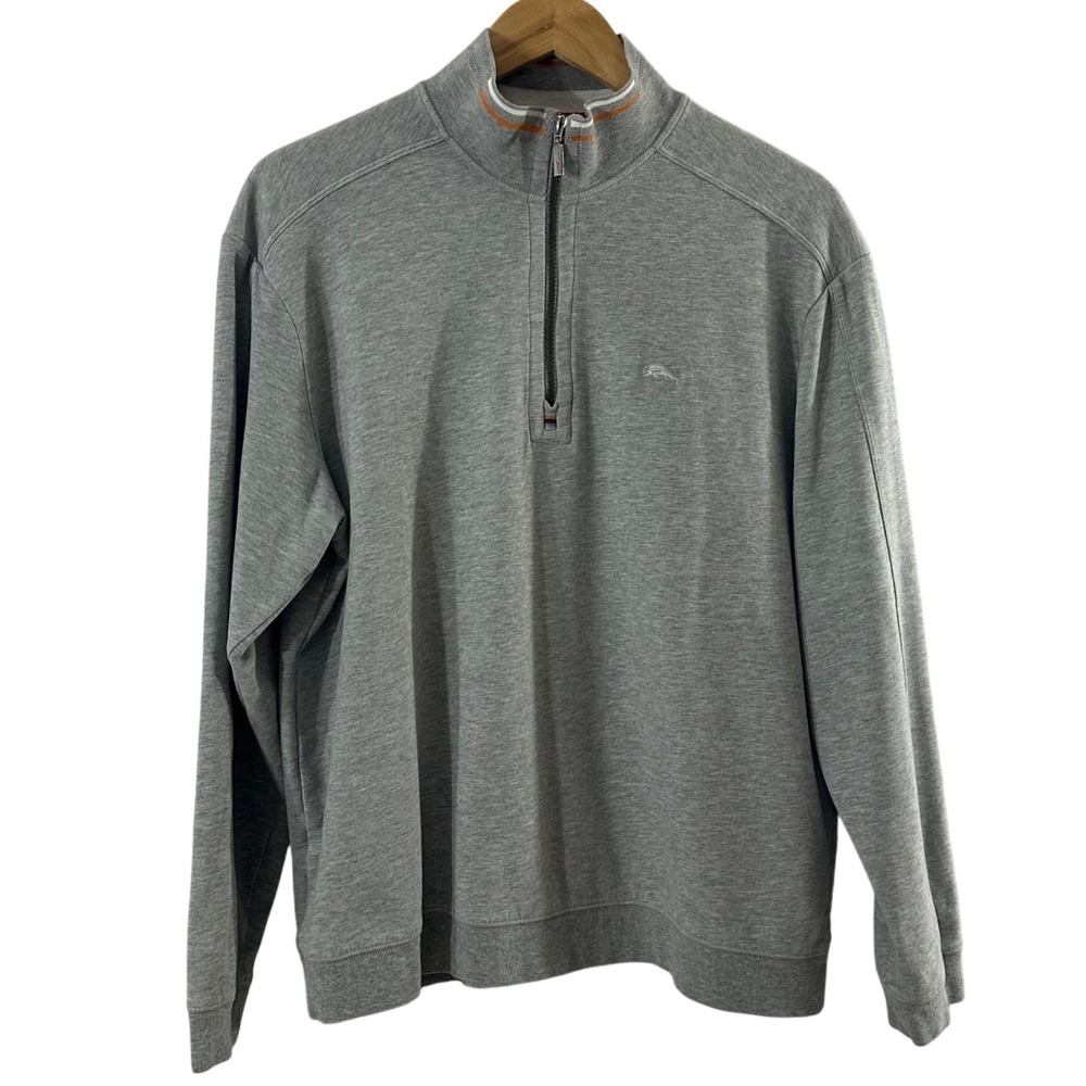 Tommy Bahama Mens Medium Gray Quarter Zip Pullover Cotton Blend Marlin Logo